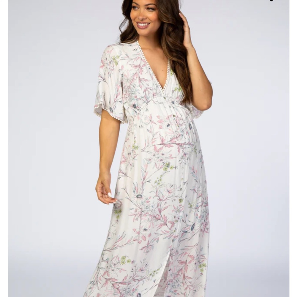 Pink blush ivory floral button front maxi dress